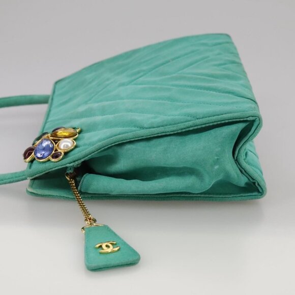 CHANEL V stitch Shoulder Bag Nylon Green Gold CC Auth - Picture 10 of 15